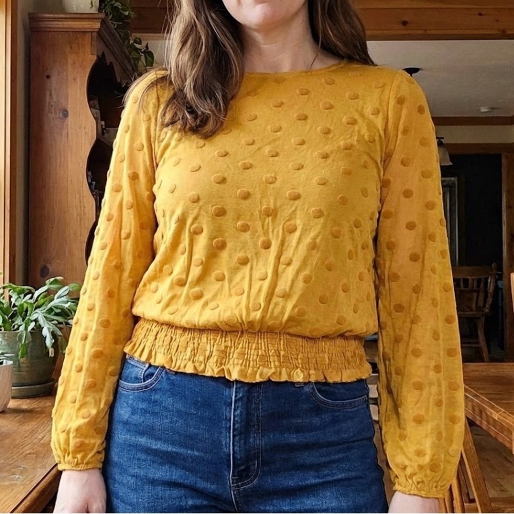 George Mustard Yellow Swiss Dot Blouse Smocked Waist Boho Top Size 2X